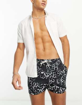 New Look Daisy Swim Shorts In Mono-black