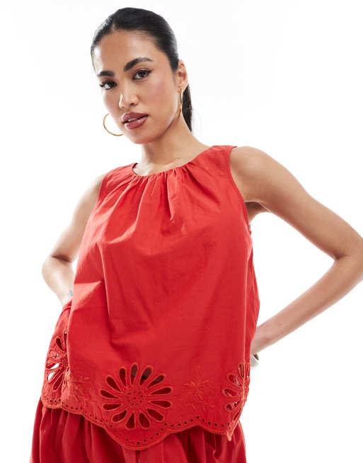 New Look - Débardeur d'ensemble avec ourlet en broderie anglaise - Rouge, 2 de 4
