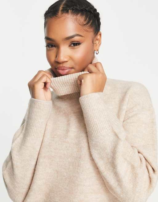 New Look deep hem turtle neck sweater in oatmeal