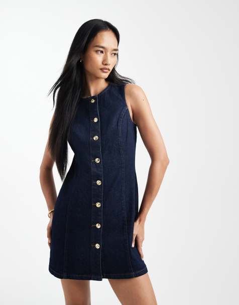 New Look denim cinched button through mini dress in indigo