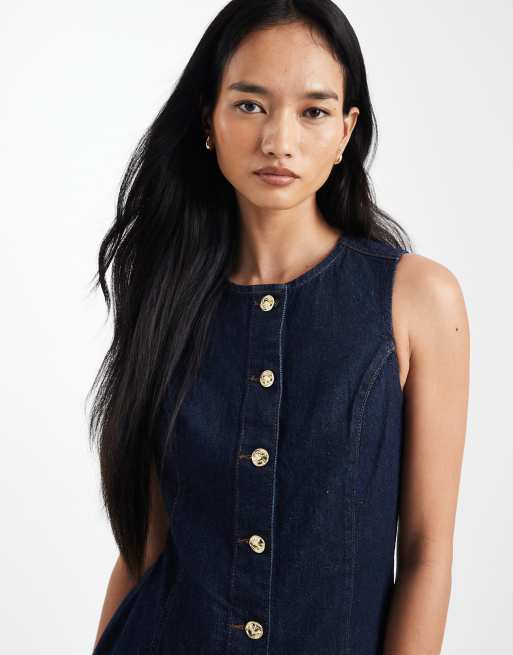 New Look denim cinched button through mini dress in indigo, 3 of 4