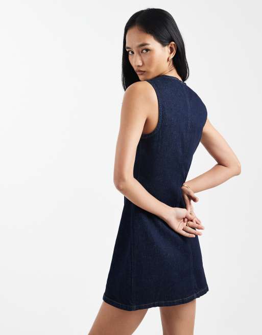 New Look denim cinched button through mini dress in indigo, 4 of 4