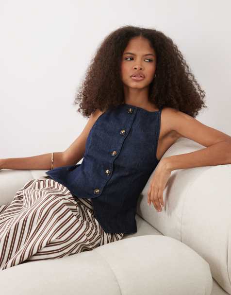 New Look - Denim gilet met vierkante hals in indigo - view 1