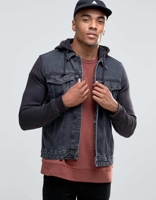 New Look Denim Hooded Jacket With Jersey Sleeves In Grey Wash | ASOS