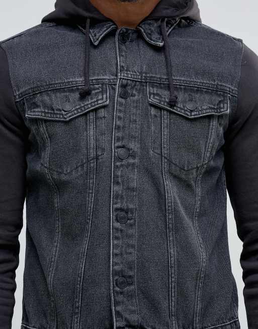New Look Denim Hooded Jacket With Jersey Sleeves In Grey Wash, 3 of 4