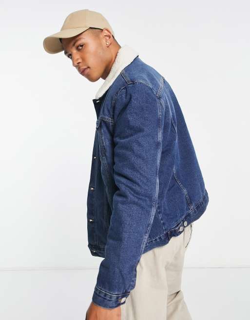 New Look - Denim jack met borgvoering in middenblauw, 3 van 4