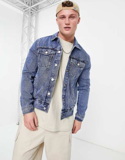 ASOS Denim Jacket With Patches & Borg Collar In Blue Wash