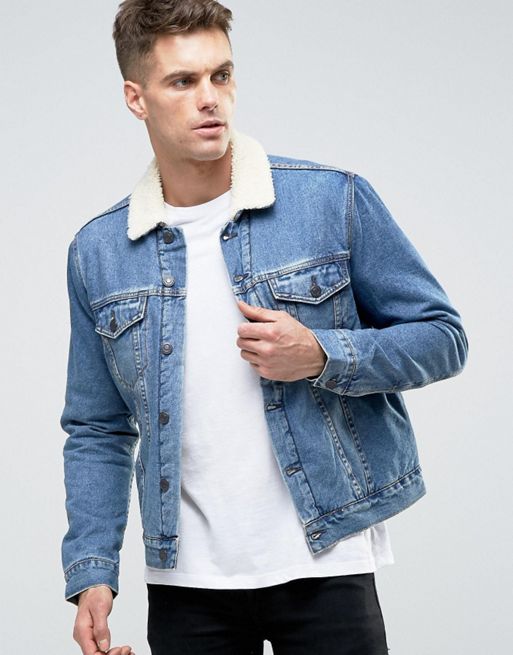New Look | New Look Denim Jacket In Mid Wash Blue With Borg Lining & Collar