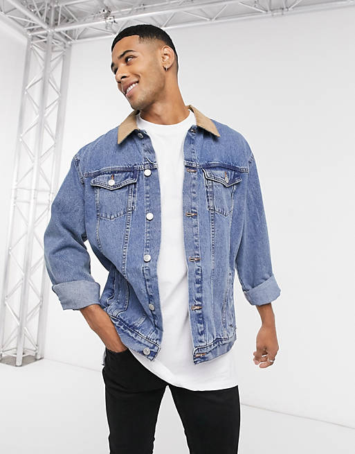 New Look denim jacket in mid wash with cord collar | ASOS