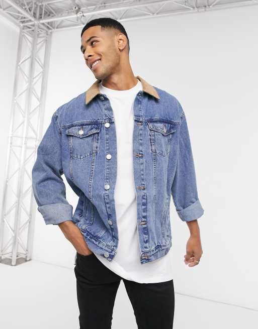 New Look denim jacket in mid wash with corduroy collar ASOS