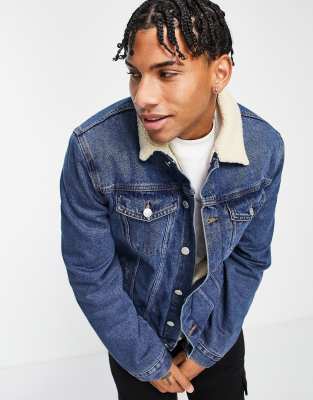 New Look denim jacket with borg collar in mid blue | ASOS