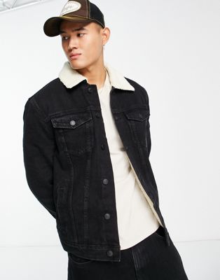 New Look denim jacket with borg lining in black - ASOS Price Checker