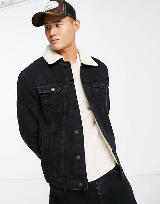New Look denim jacket with borg lining in black | ASOS