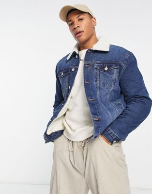 New Look denim jacket with borg lining in mid blue - ASOS Price Checker