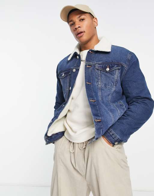 New Look denim jacket with borg lining in mid blue | ASOS