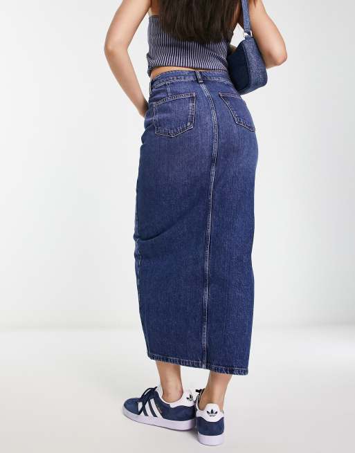 New Look - Denim maxi rok met split aan de voorkant in donkerblauw, 2 van 4