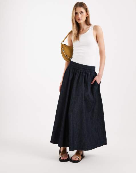 New Look - Denim midi rok met gesmokte taille in indigo - view 1