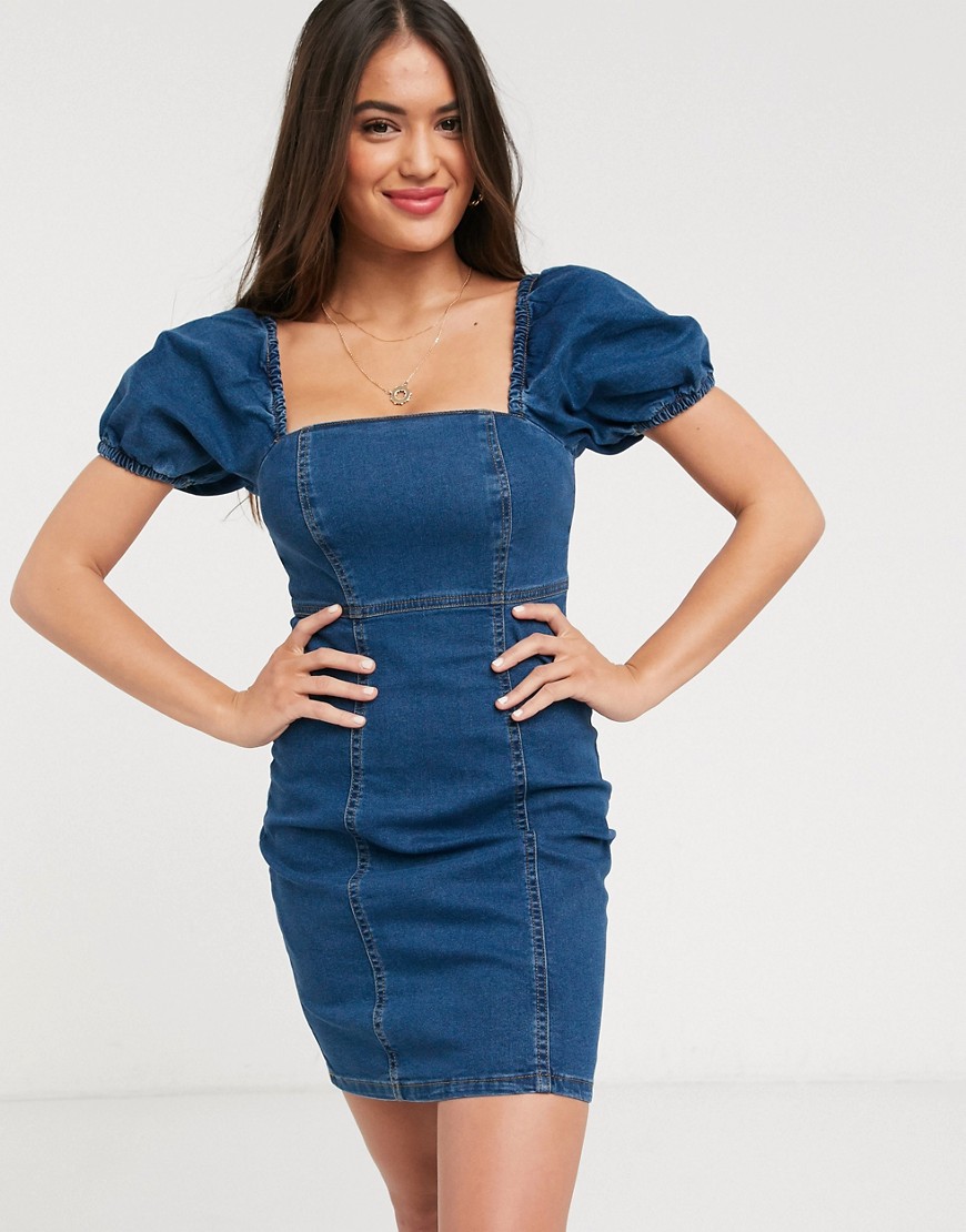 New Look - Denim mini-jurk met pofmouwen in middenblauw