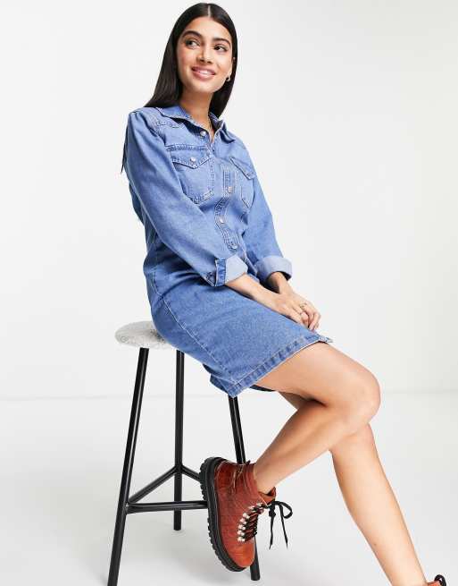 New Look denim mini shirt dress in mid blue