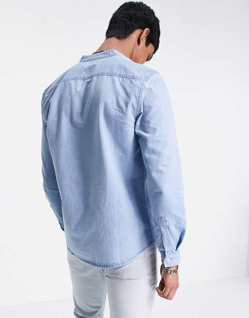 New Look - Denim overhemd zonder kraag in lichtblauw, 2 van 4
