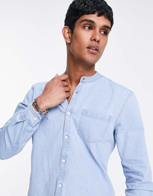 New Look - Denim overhemd zonder kraag in lichtblauw, 3 van 4