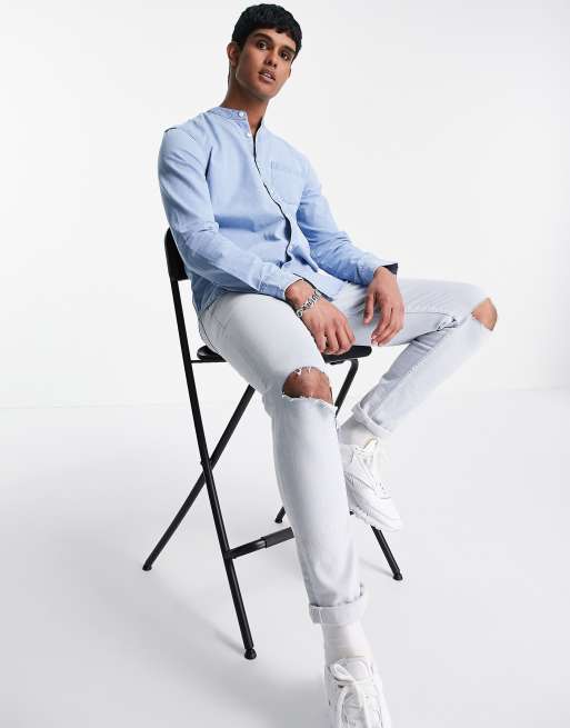 New Look - Denim overhemd zonder kraag in lichtblauw, 4 van 4