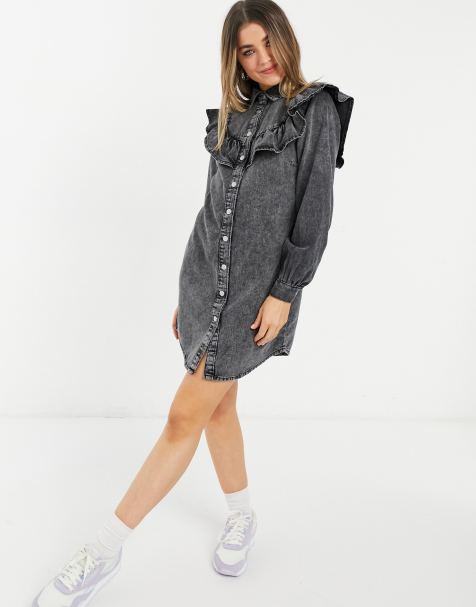 New Look denim ruffle shirt dress in black - view 1