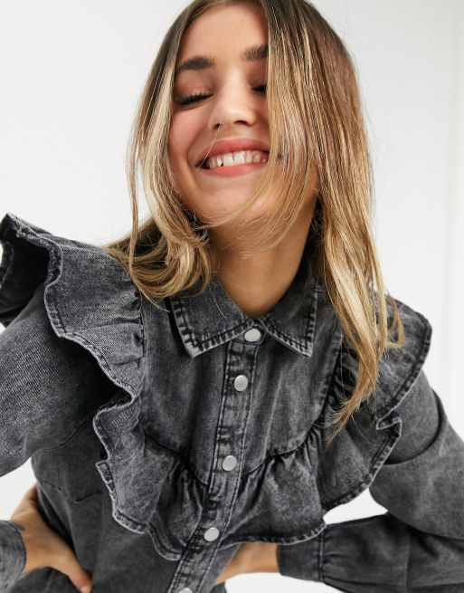 New Look denim ruffle shirt dress in black ASOS