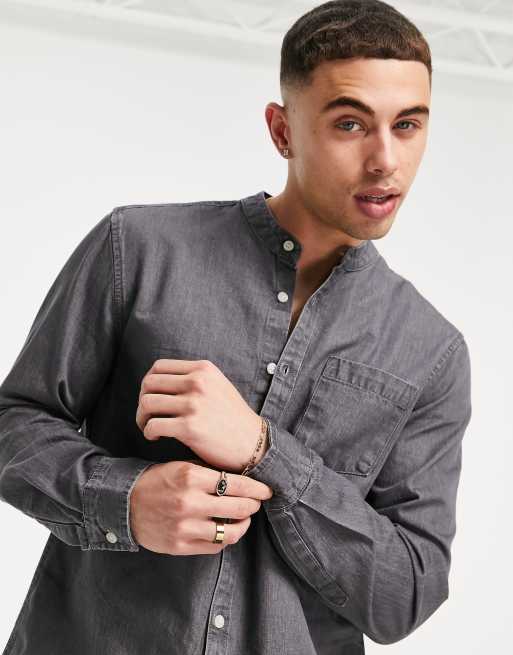New Look denim shirt with grandad collar in mid grey ASOS