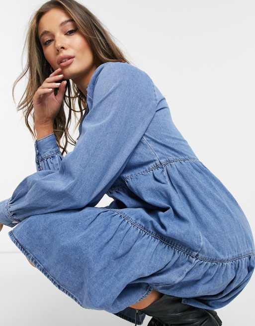 New Look denim smock mini dress in blue, 3 of 4