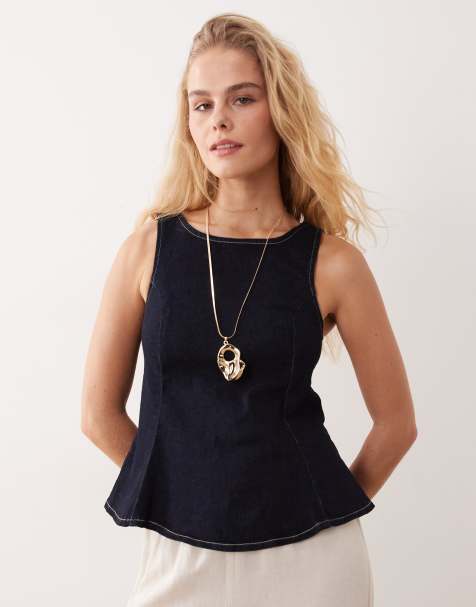 New Look - Denim top met peplum in indigo - view 1