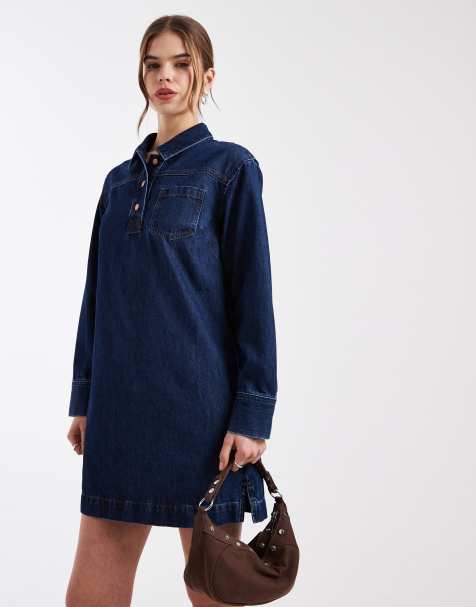 New Look denim tunic long sleeve midi dress in blue