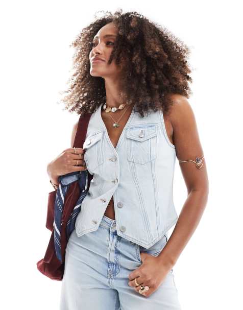 New Look denim waistcoat in acid wash blue