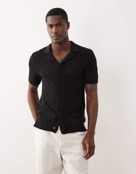 New Look diamond knitted revere shirt in black - view 1