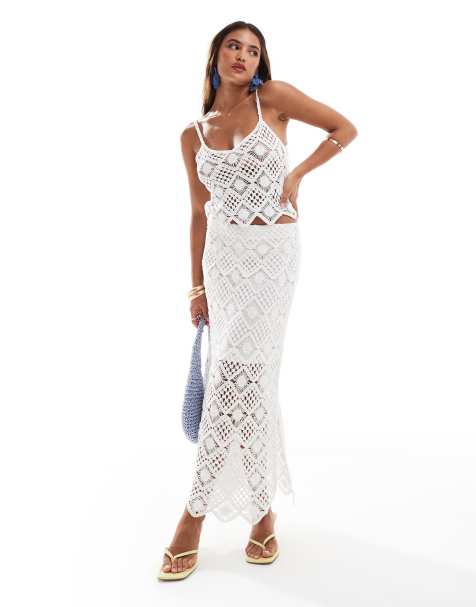 New Look diamond pattern crochet midi skirt co-ord in cream - view 1