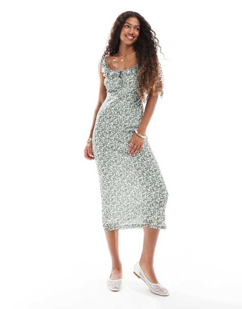 New Look disty frill sleeve mesh midi dress in green - view 1