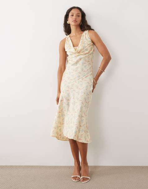 New Look ditsy cowl neck satin midi dress in yellow - view 1