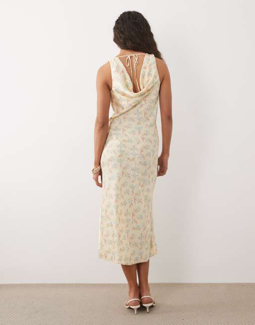 New Look ditsy cowl neck satin midi dress in yellow, 4 of 4