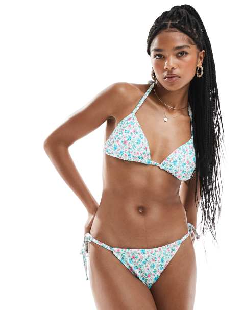 New Look ditsy floral bikini bottoms in blue and pink