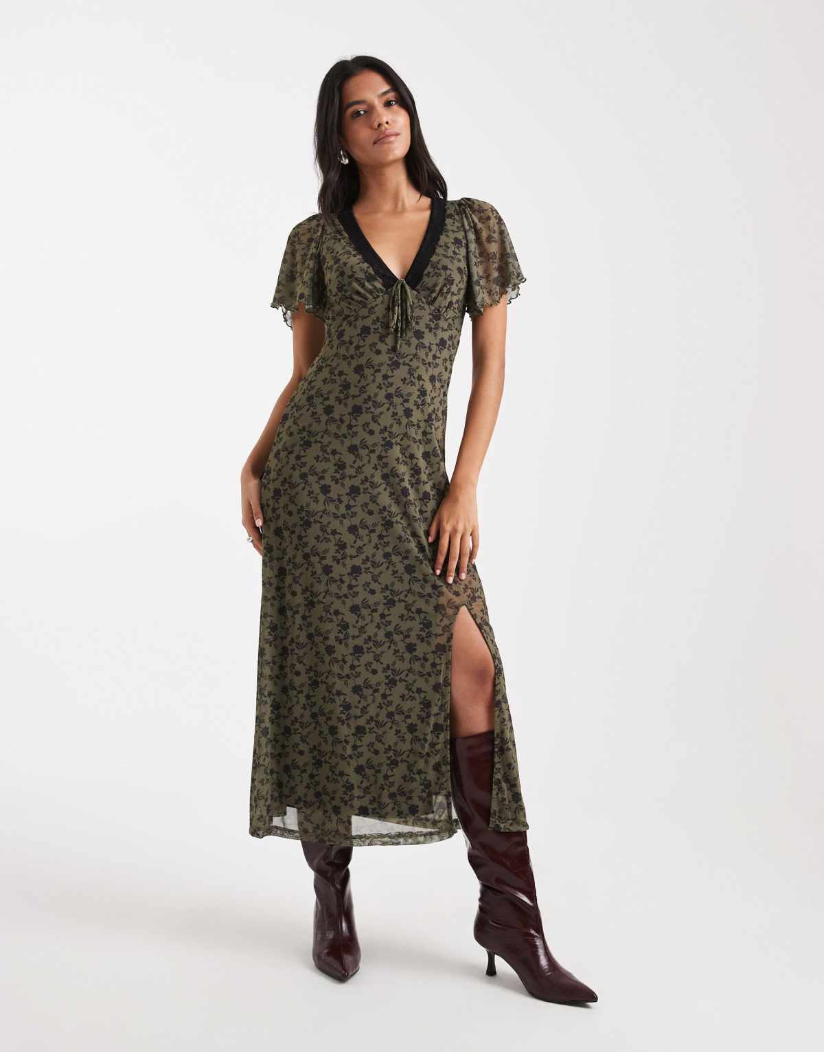 New Look ditsy floral mesh midi tea dress in khaki