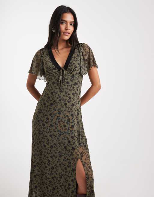 New Look ditsy floral mesh midi tea dress in khaki, 2 of 4