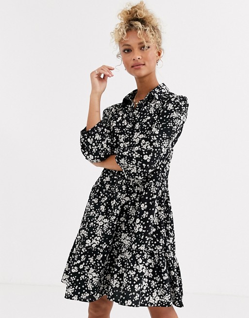 New Look ditsy floral smock dress in black