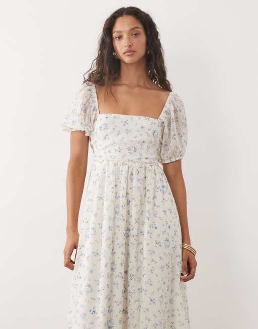 New Look ditsy floral textured tie back milkmaid dress in cream, 4 of 4