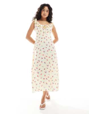 New Look ditsy floral tie back midi dress in yellow