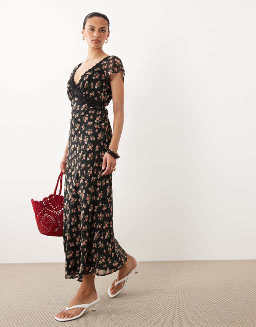New Look ditsy lace trim cap sleeve midi dress in cream | ASOS