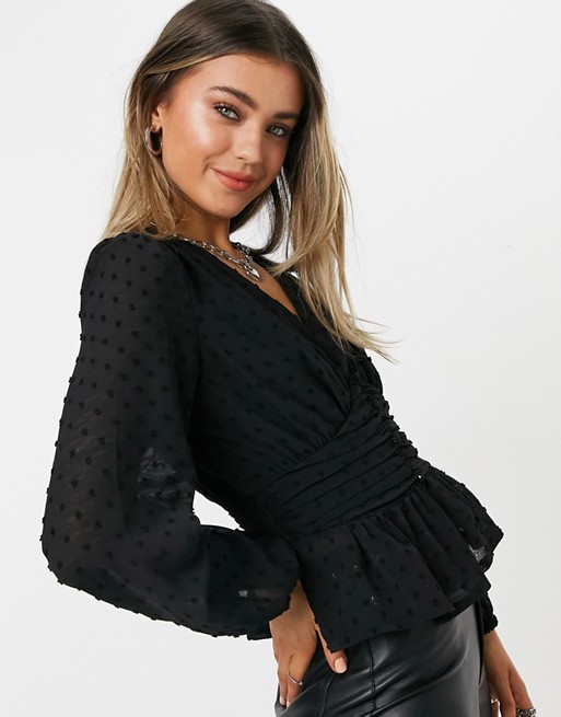 New Look dobby ruched front blouse in black