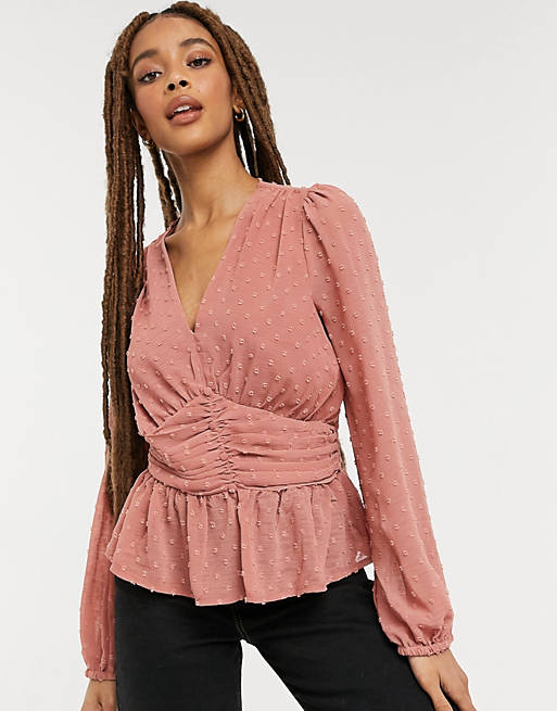 New Look dobby ruched front blouse in mid pink