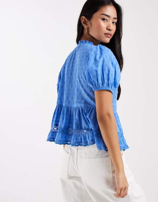 New Look dobby v neck blouse in mid blue, 4 of 4