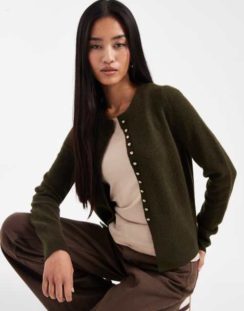 New Look dome button crew neck cardigan in khaki - view 1