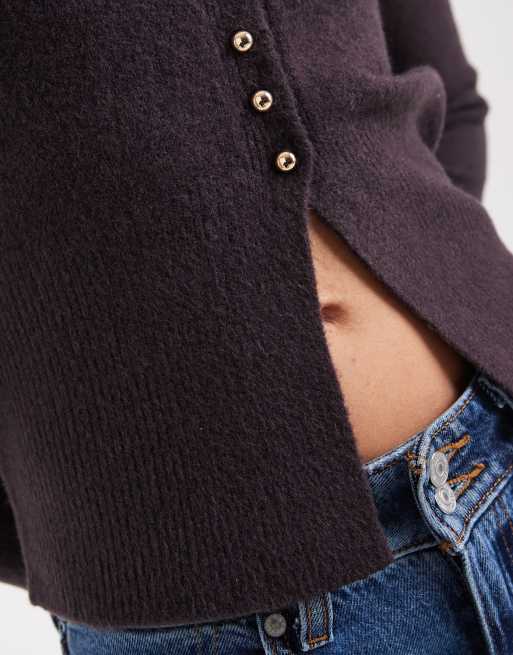 New Look dome button crew neck cardigan in purple, 4 of 4